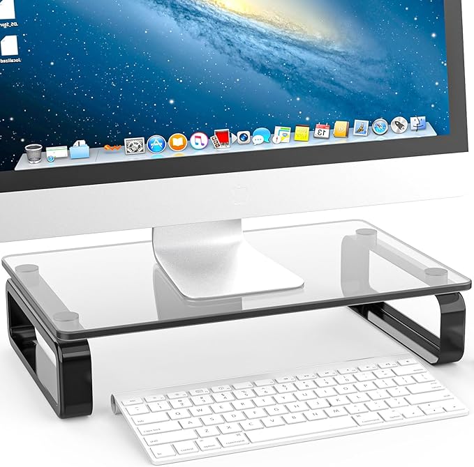 Hemudu Computer Monitor Stand Riser Multi Media Desktop Stand for Flat Screen LCD LED TV, Laptop/Notebook, with Tempered Glass and Metal Legs, Black HD02B-001U by HEMUDU