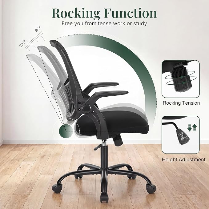 Home Office Desk Chair with Flip-up Armrest, Computer Chair | Lumbar Support, Height Adjustable, Mesh Mid-Back, Ergonomic Task Gaming Chair with 360° Swivel Wheels for Adults, Black - Image 4