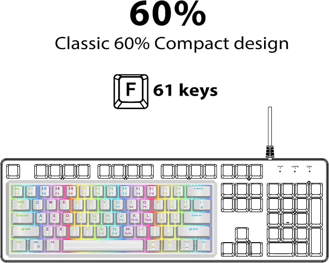 Snpurdiri 60% Wired Mechanical Gaming Keyboard (White, Red Switches) | RGB Backlit 61 keys Small Gaming Keyboard for Windows Laptop PC Mac - Image 2