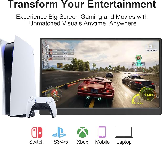 UFYQL Portable Monitor 15.6-inch FHD 1080P Ultra-Slim Travel External Monitor HDR IPS Gaming Display with Kickstand &Speakers USB-C HDMI Plug&Play，for Laptop PC Phone PS4/5 Xbox Switch - Image 4