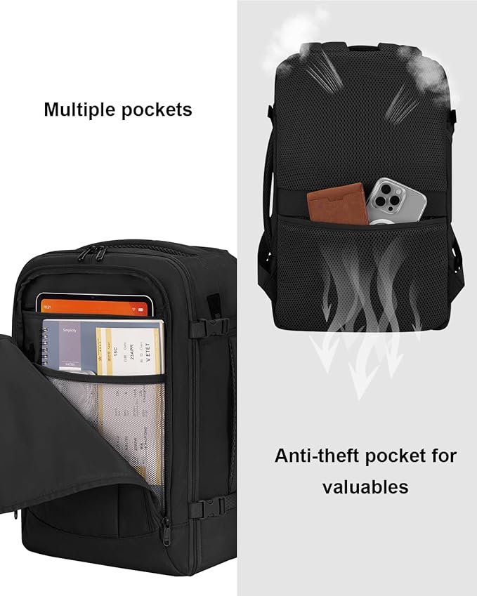 ECOHUB 17inch Travel Backpack Personal Item Bag Carry On Bag Men Women, Black | 16.7"x10"x8" Small Backpack with 13 Pockets Water Resistant Carry on Backpack with USB Port Luggage Sleeve for Men - Image 4