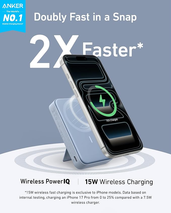 Anker MagGo Power Bank, 10,000mAh Qi2-Certified 15W Max Portable Charger | Fast MagSafe-Compatible Battery Pack, Smart Display, Foldable Stand, for iPhone 16 / 15 / 14 / 13 Only (USB-C Cable Included) - Image 2