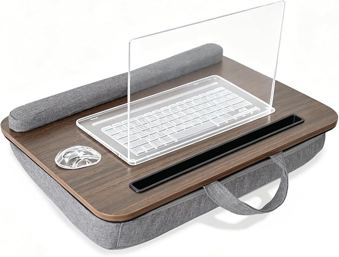 Portable Lap Desk Fits 14–17 Inch Laptops for Bed | Walnut-toned top surface,padded cushion,hand strap,pen & tablet slots for home,car & travel by AMFIYQ