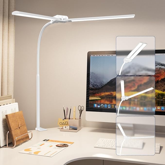 LED Desk Lamp with Clamp, Double Head for Dual Screen, 4 Color Modes,White | Eye-Caring 1200LM Desk Lights for Home Office Monitor Computer Workbench,3000-6000K Dimmanle Table Lamp Memory & 30-Min Timer - Image 8