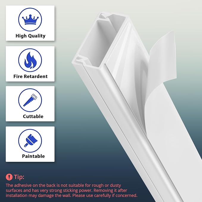 132in Cord Hider Kit, Self-Adhesive Cord Cover for 2 Wires on Wall | White Cable Raceway Kit, Convenient Wall Wire Hider Cable Hider, Cable Management Kit, Wire Covers for Cords, W0.85in H0.5in - Image 3