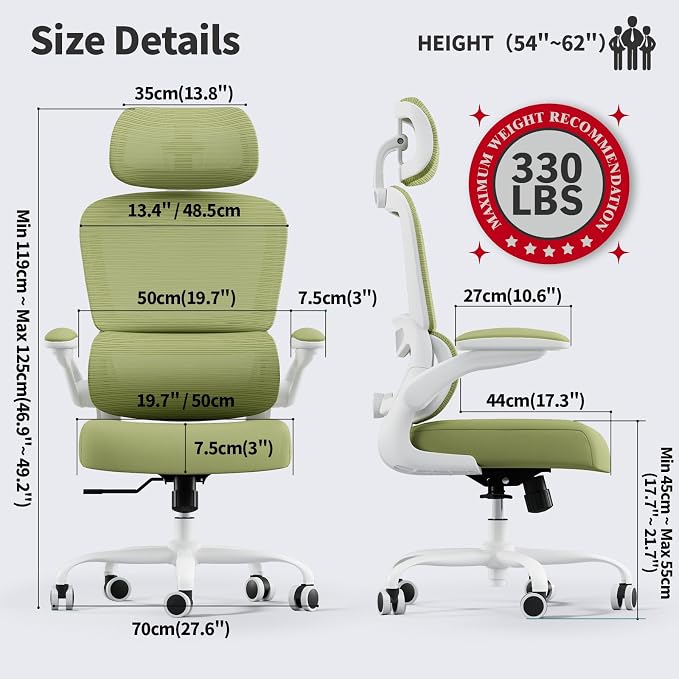 TRALT Office Chair Ergonomic Desk Chair - Gaming Chair with Lumbar Support | 330 LBS Home Office Desk Chairs with Headrest, Reading Chair with Flip-up Armrests, Comfortable Computer Chairs (1, Green) - Image 2