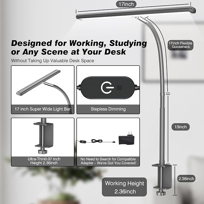 Airlonv LED Desk Lamp with Clamp, 17" Stepless Dimming Light, Grey | 2700K-6500K, 100 LEDs, 360° Gooseneck, Fits Up to 30" Monitors, Flicker-Free Lighting for Home Office, Study& Workbench - Image 3