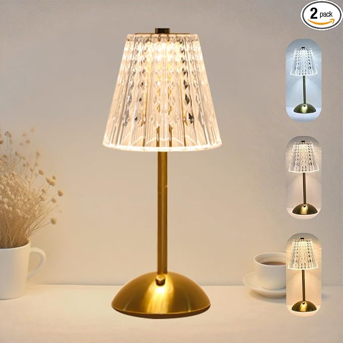 Crystal Table Lamp, 5000mAh Rechargeable Lamp with Touch Control, 3 Color Temperatures, Dimmable Brightness, Matte Aluminum Light for Bedroom/Bar/Kitchen/Outdoor (Fashion Gold, 5.55Inch-1Pc) by Unknown