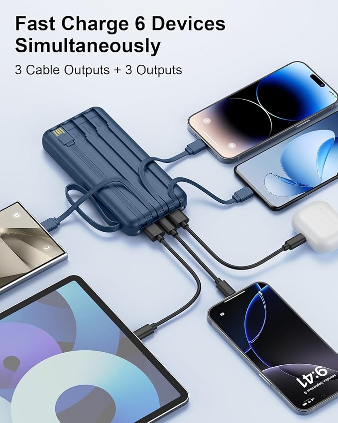 Portable Charger 10000mAh 22.5W Power Bank | Built in 4 Cables, Slim, Fast Charging, USB C LED Display, 6 Outputs & 2 Inputs, Flashlight - Image 5