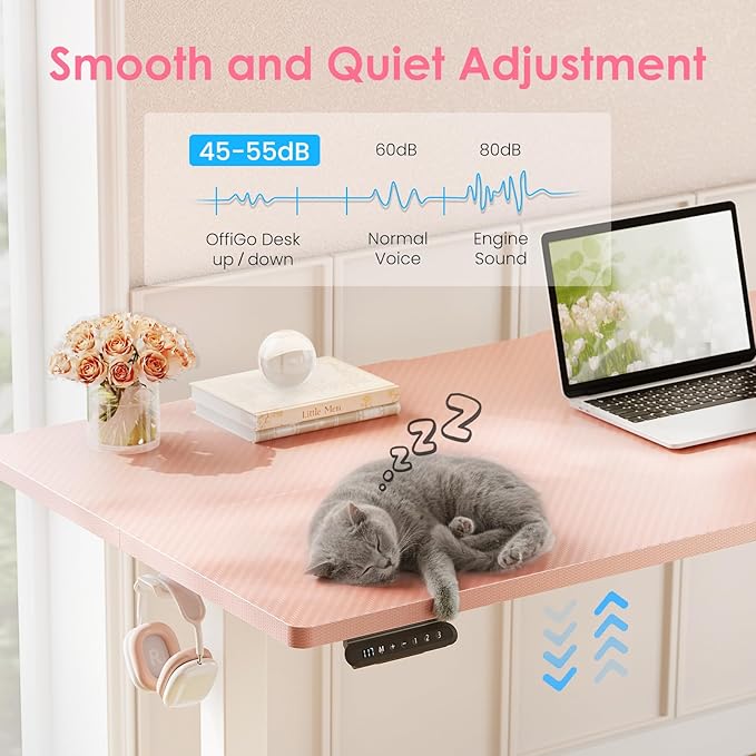 48" Pink Electric Standing Desk Height Adjustable for Home Office | 3 Memory Presets, Rear Cable Notch, Dual Side Hooks, Stand Up Desk for Bedroom, Study room, Home Office and Vanity Space - Image 6