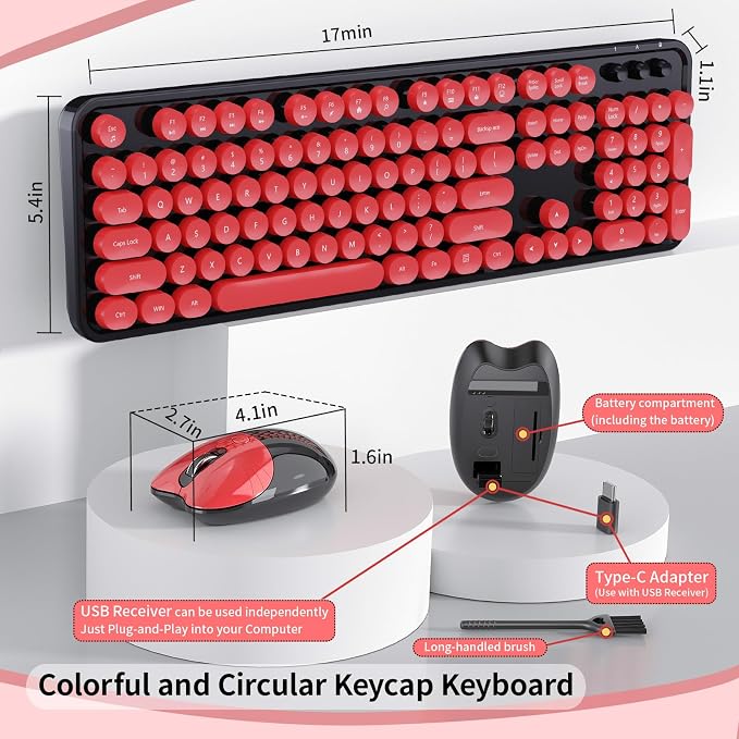 Wireless Keyboard Mouse Combo, 104 Keys Cute Colorful Typewriter Black Red | Full Size With Number Pad & Mouse,1600DPI,Compatible With All Windows,Ideal For Computer, PC, Notebook, Laptop - Image 5