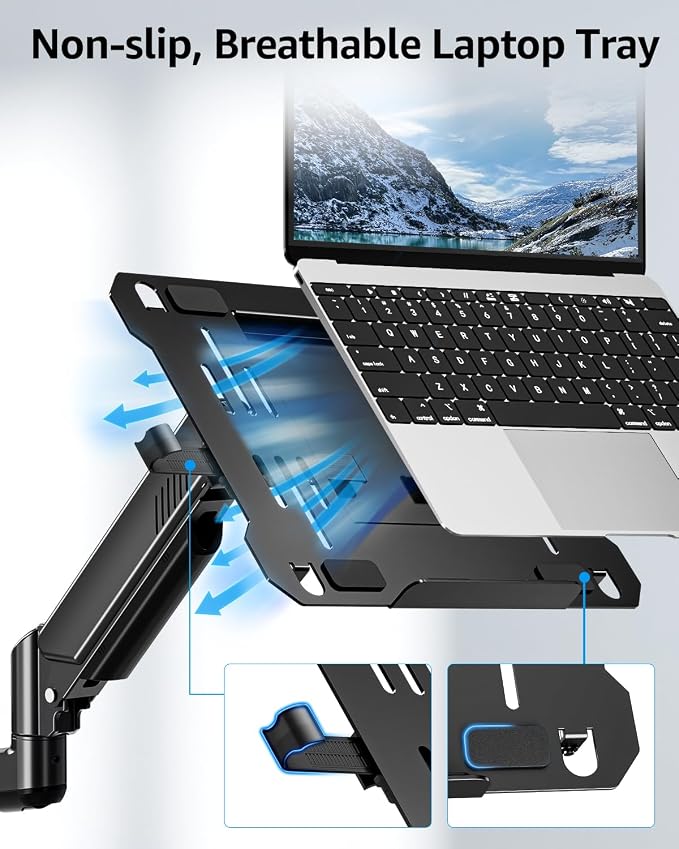 MOUNTUP Laptop Wall Mount, Adjustable Laptop Mount for Max 17" Notebook or Max 32" Monitor, Wall Mount Laptop Holder Holds 4.4-22lbs, 2-in-1 Laptop Arm with Ventilated Tray - Image 5