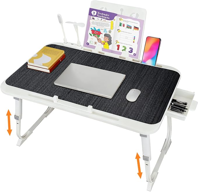 Laptop Desk for Bed, Adjustable Height Laptop Bed Table, Foldable Lap Desk with USB Charge Port, Desktop Card Slot, Side Drawer, Book Shelf, Portable Lap Tray for Eating Reading Working Sofa & Floor by CSYY