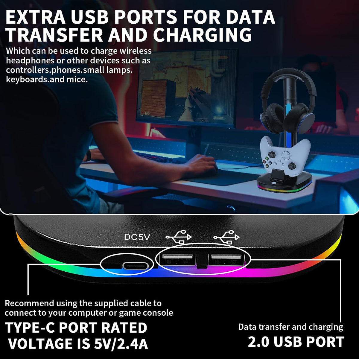 Xbox Headphone Stand with Controller Charger, RGB Xbox Controller Charging Station Headset Stand for Xbox Series X/S/One/One X/One S Charging, Equipped with 1 * 5180mWh Rechargeable Xbox Battery Pack - Image 6