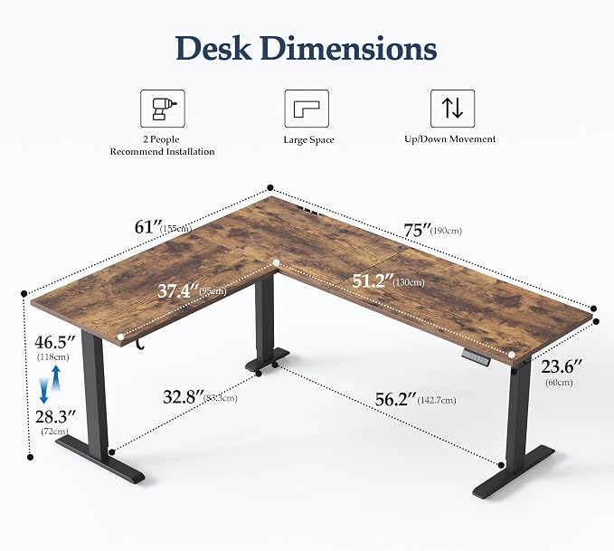 Klicelor L Shaped Standing Desk 75 x 61 Inch, Electric Height Adjustable Corner Desk for Home Office Workstation, Ergonomic Sit Stand Computer Table with Memory Controller, Rustic Brown - Image 3