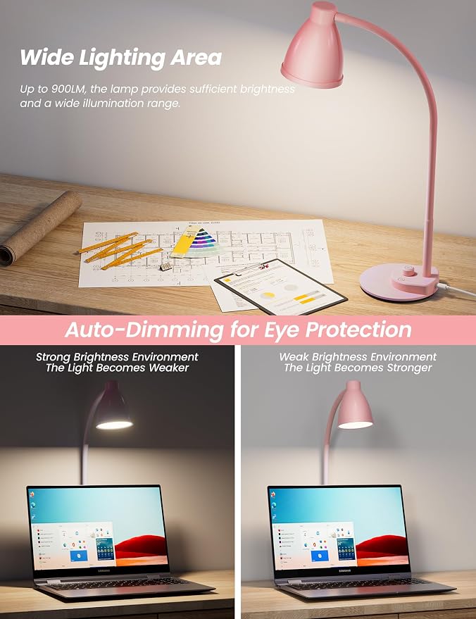 BOHON Cute Desk Lamp with USB Charging Port, 3 Color Modes Dimmable, Pink | Pink Lamp LED Reading Lamp, Flexible Neck Auto Dimming Table Task Light for Home Office Dorm Bedside - Image 5