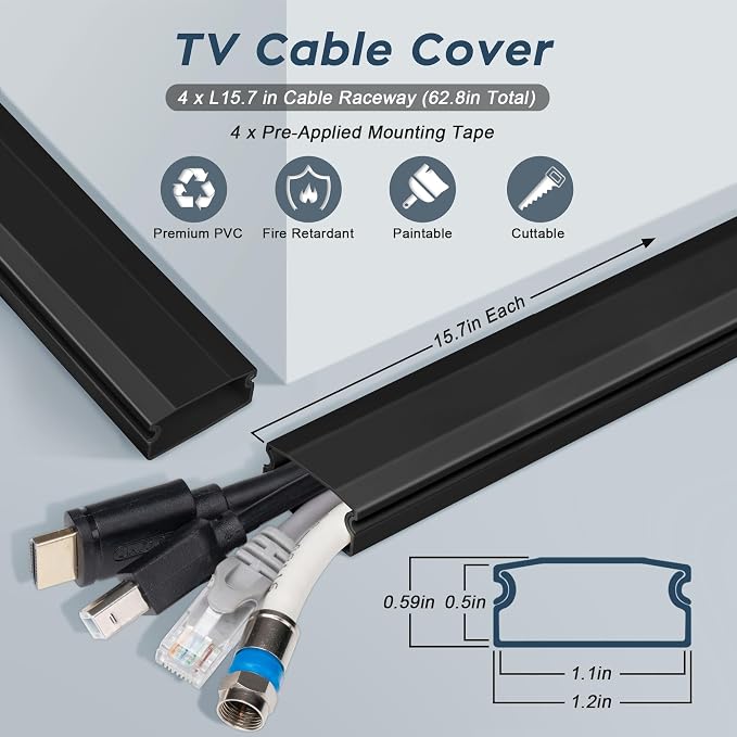 PVC Cord Hider Cable Management Wall, 62.8in TV Cable Hider | Paintable Cable Concealer for Wall Mounted TV, Cable Raceway Black Wire Hider, Wall Wire Covers for Cords, L15.7inW1.2H0.59in - Image 3