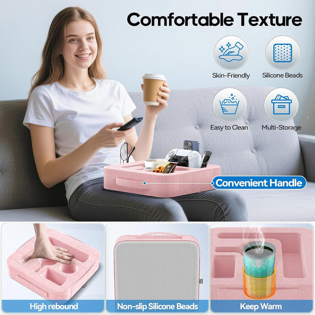 Couch Cup Holder Pillow, Sofa and Bed Caddy for iPad, Kindle, Switch, Game Controller, Remotes, Phones, Small-Sized Cup and Drink Holder for Couch, Bed, Desk, Car, Beach, Bathroom Cup Holder, Pink - Image 5