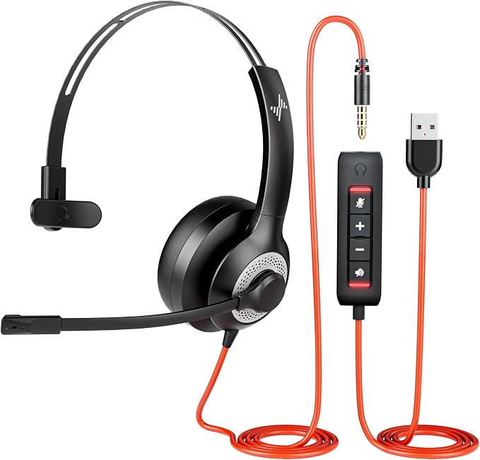 JIAMQISHI Single‑Ear USB Headset with Mic for PC,On-Ear Computer Laptop Headphones with Noise Cancelling Microphone in-line Control for Home Office Online Class (USB+3.5mm Single Ear Headset, Black) by JIAMQISHI