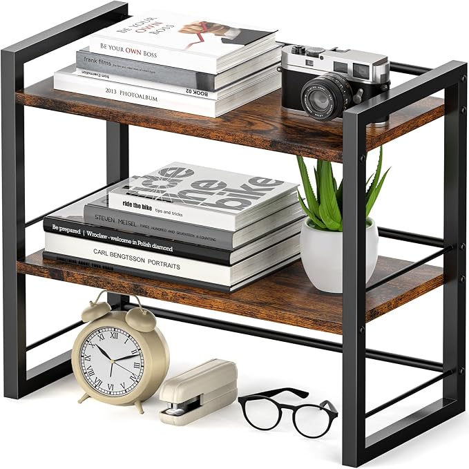 Office Desk Shelf Organizer, Wood Desktop Bookshelf Supplies Storage Rack, Shelf for Top of Desk and Dresser (Brown-2 Tier) by ART-GIFTREE