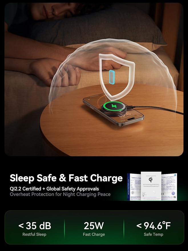Qi2.2 25W Magnetic Wireless Charger, for iPhone 17-12 and AirPods | Fast Wireless Charging Pads with Cooling Fan, 6.6 ft Cables, for Travel, Desk and Nightstand - Image 5