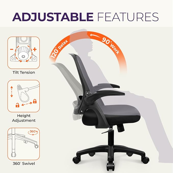 NEO CHAIR Office Desk Chair, Ergonomic Mesh with Flip-Up Arms, All Black | Lumbar Support, Height Adjustment, 360° Swivel and Rolling Base, Space-Saving Design for Home Office, Vanity or Study - Image 5