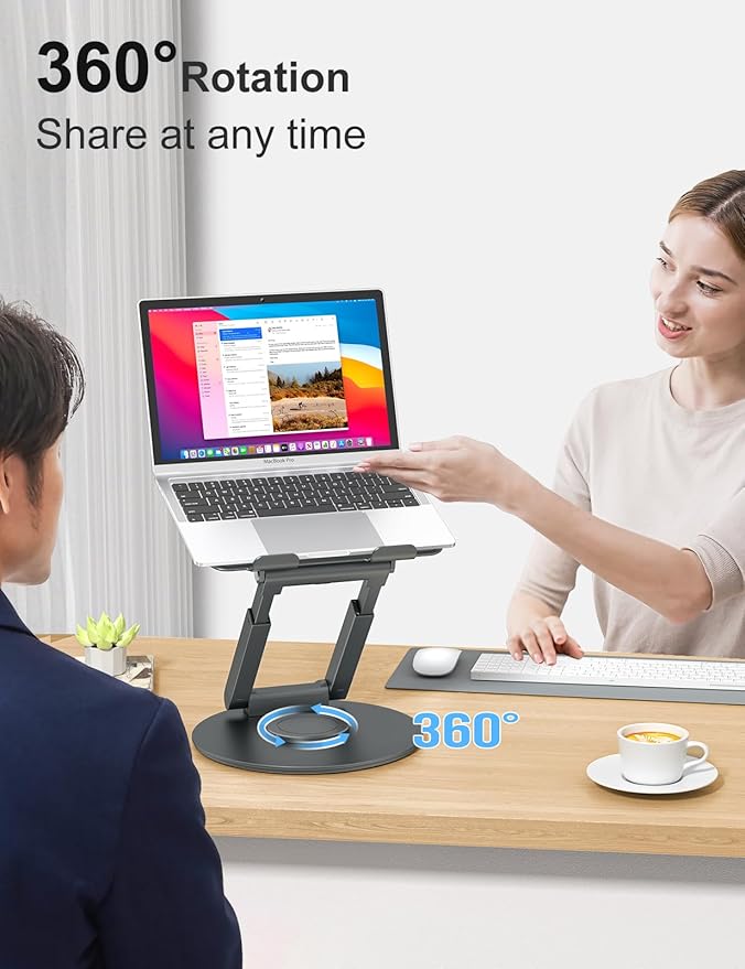 tounee Telescopic Laptop Stand for Desk with 360° Swivel Base, Sit to Stand, Height Adjustable, Portable Riser Holder for Good Posture, Compatible with MacBook Pro, All Laptops 10-17"-Gray - Image 2