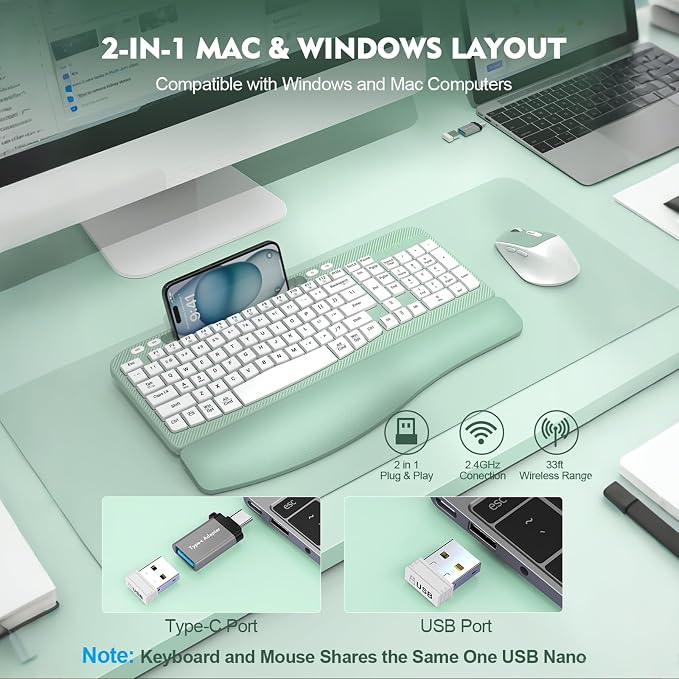 Wireless Keyboard and Mouse Combo, Full-Sized Ergonomic Wave Keys Keyboard with Memory Foam Wrist Rest & Phone Holder, 2.4G Quiet Keyboard Mouse Work Setup for PC Laptop, Office or Home (Mint Green) - Image 6