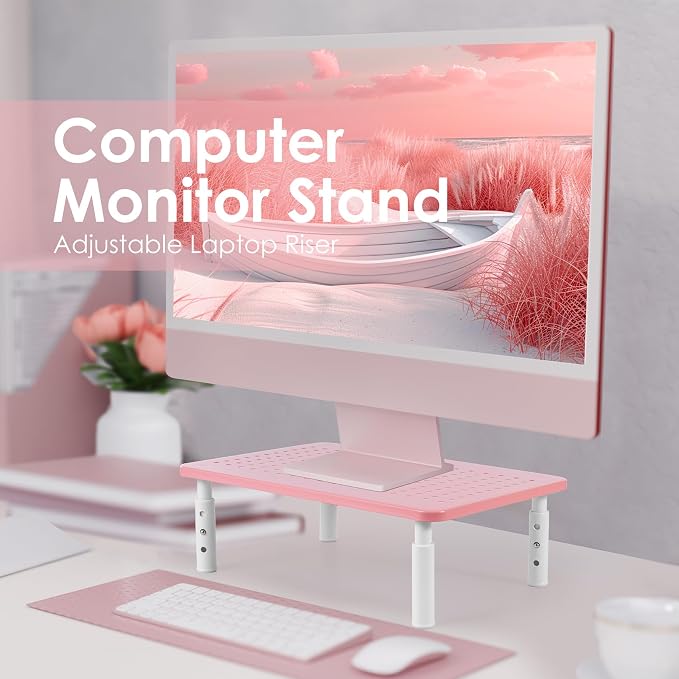 2 Pack Monitor Riser Desktop Stand Flat Screen TV Monitor Stand Pink | 3 Height Adjustable PC Stand with Mesh Platform Sturdy Metal Laptop Computer Monitor Stand Shelf for Printer, iMac - Image 2