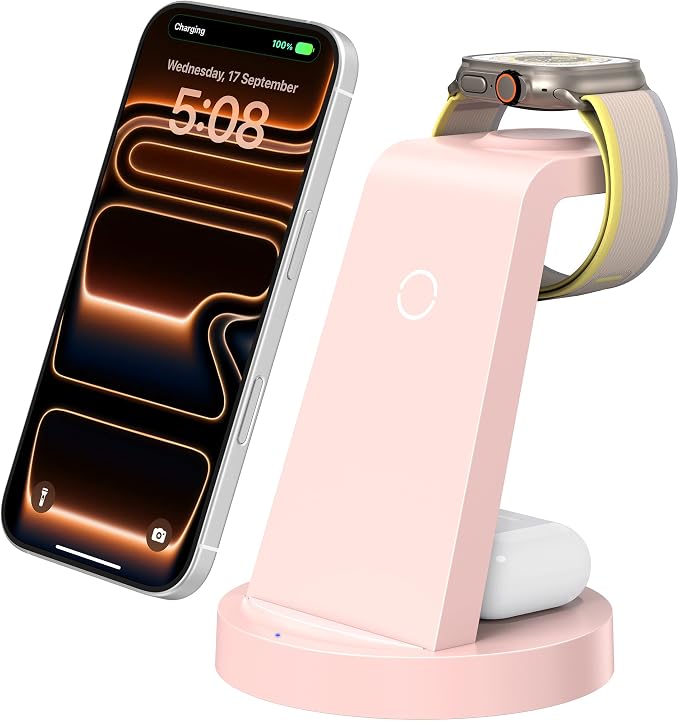 Anlmz 3 in 1 Charging Station for iPhone, Wireless Charger for iPhone 17 16e 16 15 14 13 12 11 X Pro Max & Apple Watch - Charging Stand Dock for AirPods (Pink) - Image 8