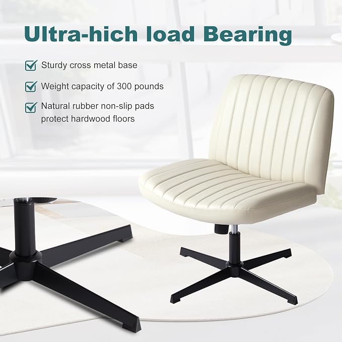 OLIXIS Criss Cross Chair, Vanity Chair, Home Office Desk | Armless No Wheels Wide Seat, Height Adjustable Swivel, Padded PU Leather, Bedroom Student Study, Beige Dual Base - Image 5