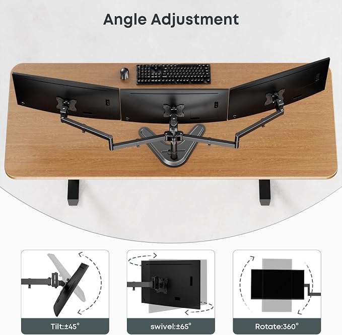 Triple Monitor Stand fits 3 Screens up to 27 Inches, Freestanding | Cable Management, Heavy Duty, Fully Adjustable, Weighted Base, 22 lbs Capacity per Arm, Black - Image 4