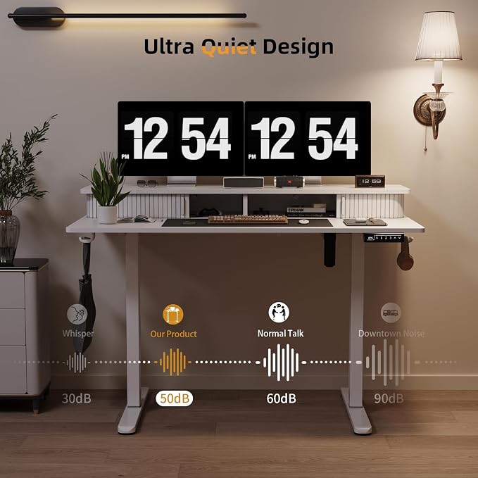 JOY worker 48" Electric Adjustable Standing Desk with Storage Monitor Stand | White Computer Desk Height Adjustable with Storage Shelves, Spacious Woskstation, Sit Stand Desk with 2 Hooks, Home Office - Image 7
