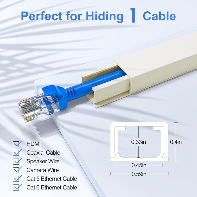 Yecaye Cord Hider, 113in One-Cord Cable Raceways, W0.59in H0.4in, Beige | TV Cord Covers for Wires on Wall, Easy Install Cable Management Kit for 2 Small Wires - Image 2