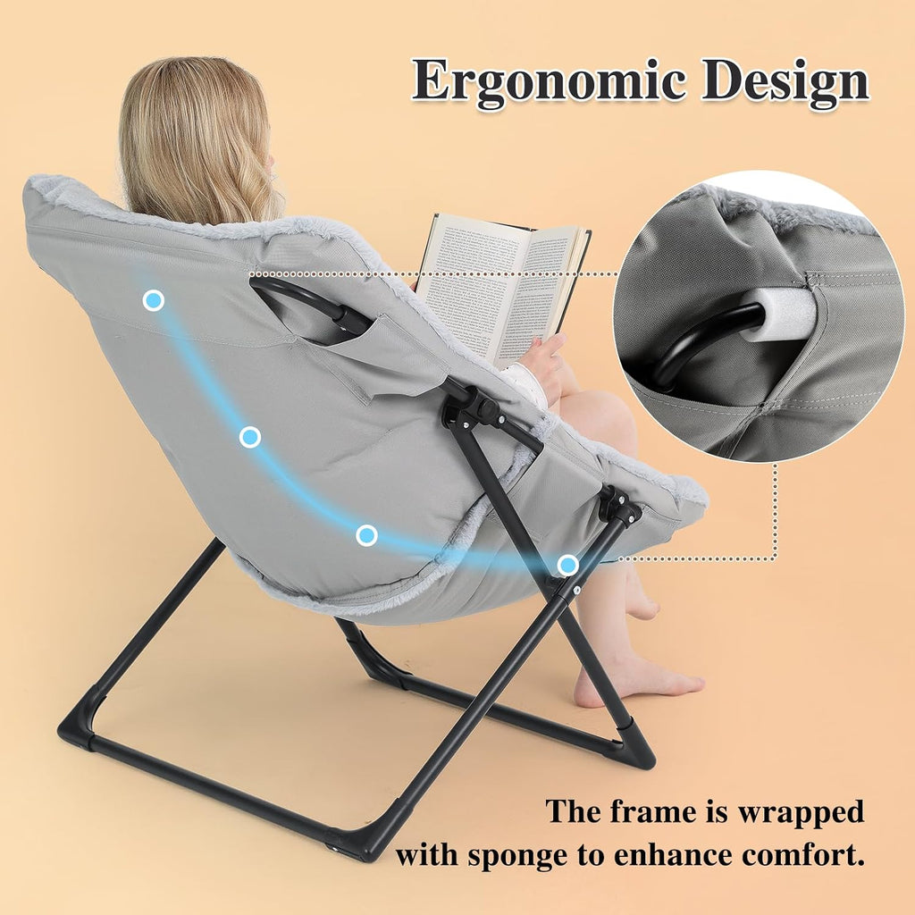 Comfy Saucer Chair for Adults, Soft Faux Fur Bedroom Chair, Accent Dorm Chairs, Flexible Living Room Reading Chairs, Oversized Folding Seat for Teens, X-Large, Grey - Image 6