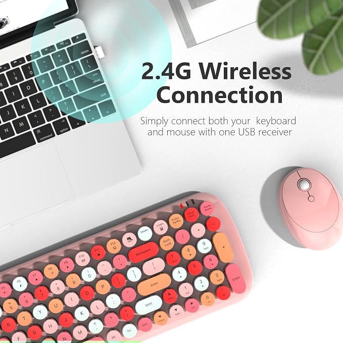 MOFII Wireless Keyboard and Mouse Combo, 2.4GHz Retro Typewriter Keyboard and Cute Mouse for Computer PC Desktops Laptop Windows(Pink Mix) - Image 2