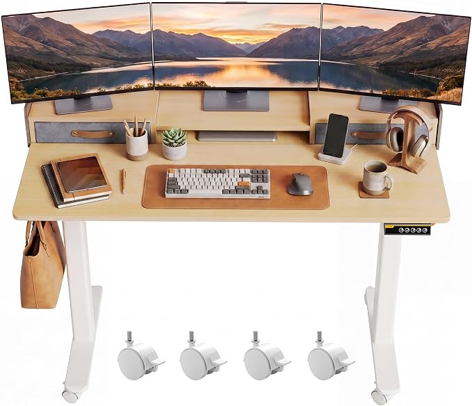 Claiks Standing Desk with Drawers & Wheels, 2 Height Shelf 48" Natural | 2 height adjust shelf, tabletop drawers, felt fence design, sturdy supports 176 lbs, 4 wheels, 2 tire monitor stand by CLAIKS