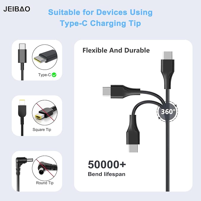 JEIBAO Universal 65W USB C Type C AC Adapter Laptop Charger Compatible with Lenovo ThinkPad X1 T14 T15 E14 E15 T480s T580s T490 E580 E590 Yoga 7i 9i C930 C940 S730 920 720 Chromebook C330 S330 - Image 4