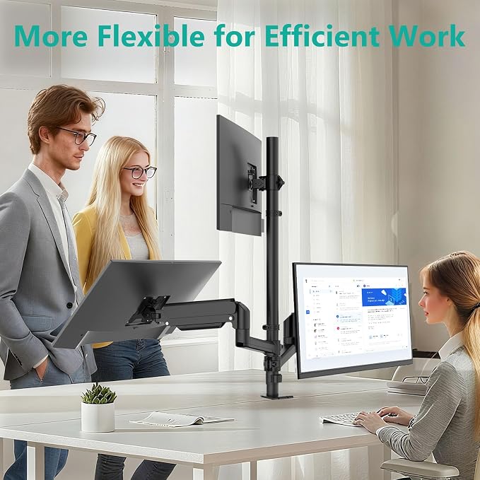 WALI Stacked Triple Monitor Mount for 13-27 inch Screens, 19.8 lbs per Arm | Tall 3 Monitor Desk Mount, Full Motion with Tilt, Swivel, Rotation, C-Clamp & Grommet Base, VESA 75/100mm (GSDM003S), Black - Image 5