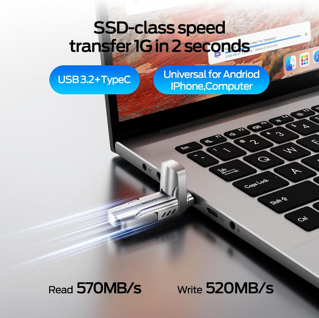 MOVE SPEED 1TB Solid State Flash Drive 570MB/s High Speed USB Drive with Type C + USB 3.2 Drive Dual Port, Thumb Drive Compatible with iPhone 15, 16,17 Series/Android/Phone/MacBook/Audio/Smart TV - Image 3