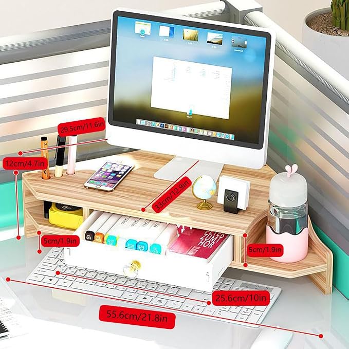 Triangle Monitor Stand Riser,Cut Triangle Save Space Desktop Corner,Desktop corner shelf with drawers wooden computer stand with storage laptop risers office organization. (Have drawers) - Image 2