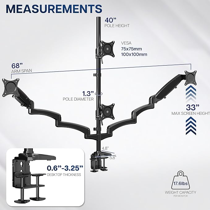 VIVO Quad Pneumatic Monitor Mount for 4 Screens up to 32 inches, Fully Adjustable, Heavy Duty Desk Stand with C-Clamp, Black, STAND-V400G - Image 3