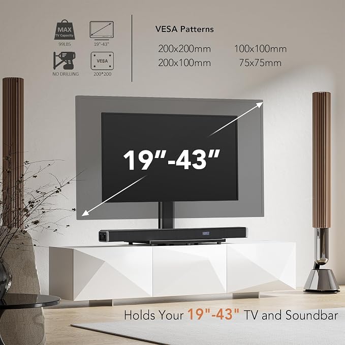 Universal Swivel TV/Table Top TV Stand for 19 to 43 inch TVs with 90 Degree Swivel, 4 Level Height Adjustable, Heavy Duty Tempered Glass Base, Holds up to 99LBS HT02B-001 - Image 2
