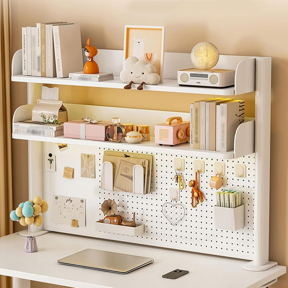 Computer Desktop Bookshelf with Pegboard,Clamp On Desk Organizer Shelf,Desktop Organizer Bookshelf Storage Shelves for Home Office Dorm Gaming Desk(31.4in, White) - Image 2