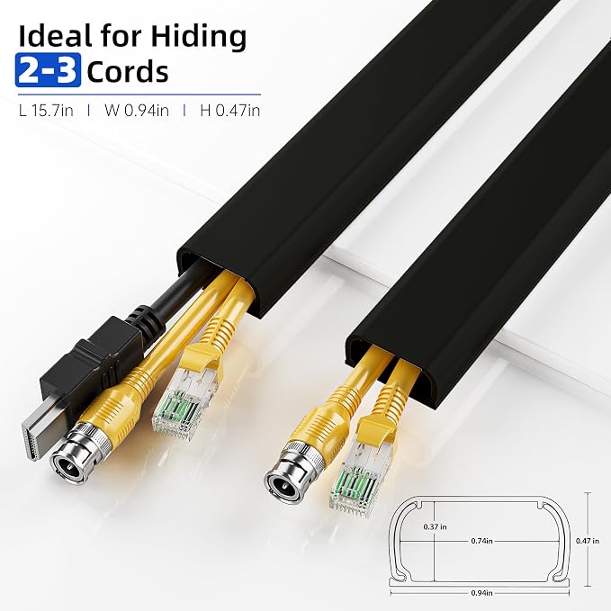 Delamu 142in Black Cord Hider Cable Hider, Cord Covers for 2-3 Wires on Wall, Premium Wire Hiders Wire Covers for Cords on Wall, Easier Setup TV Cable Cover Management Kit, W0.94 H0.47in, Black - Image 2