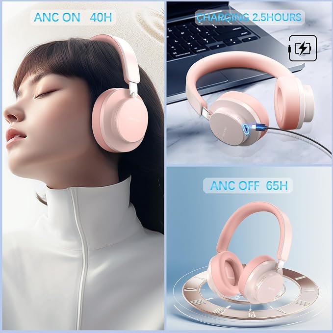 Over Ear Headphones Wireless Bluetooth, Noise Cancelling Headphones Bluetooth with Microphone, Cancelling Wireless Headphones Over Ear, 65h Playtime, Clear Calls, Comfort Fit For Travel (Pink) - Image 2