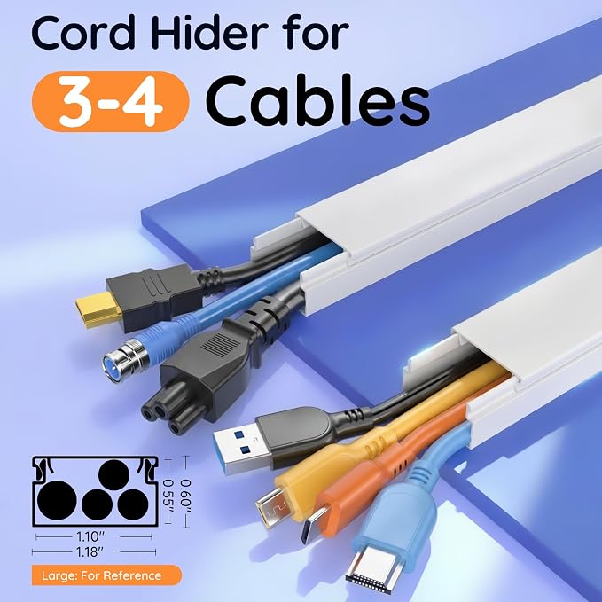 Delamu 236in Cord Hider, Professional Cable Cover Kit for Wall, TV Wire Hider for Wall Mounted TV, Raceway Cover on Management Wires, Cable Concealer, 1.18'' H x 0.60'' W, White - Image 2