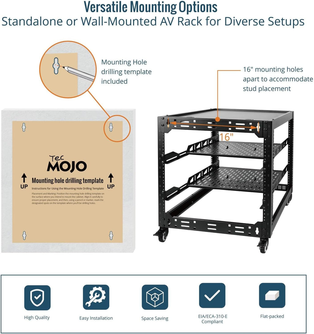 TECMOJO 12U Open Frame Network Rack for IT & AV Gear, 4-Post With Casters, Mobile With 2 PCS 1U Server Shelf & Mounting Hardware, for 19" Network, Audio and Video Device - Image 5