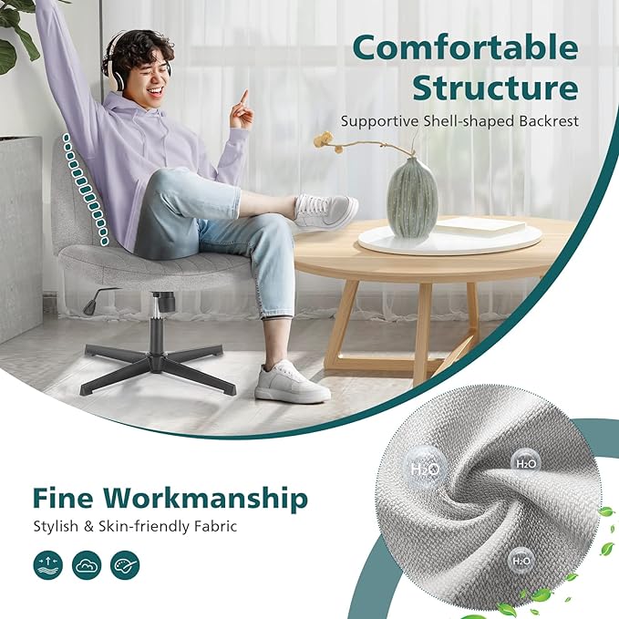OLIXIS Criss Cross Chairs, Vanity Chair, Home Office Desk | Armless Wide Seat, Height Adjustable, Comfy Fabric, Bedroom, Study, Computer Task, Grey No Wheel - Image 5