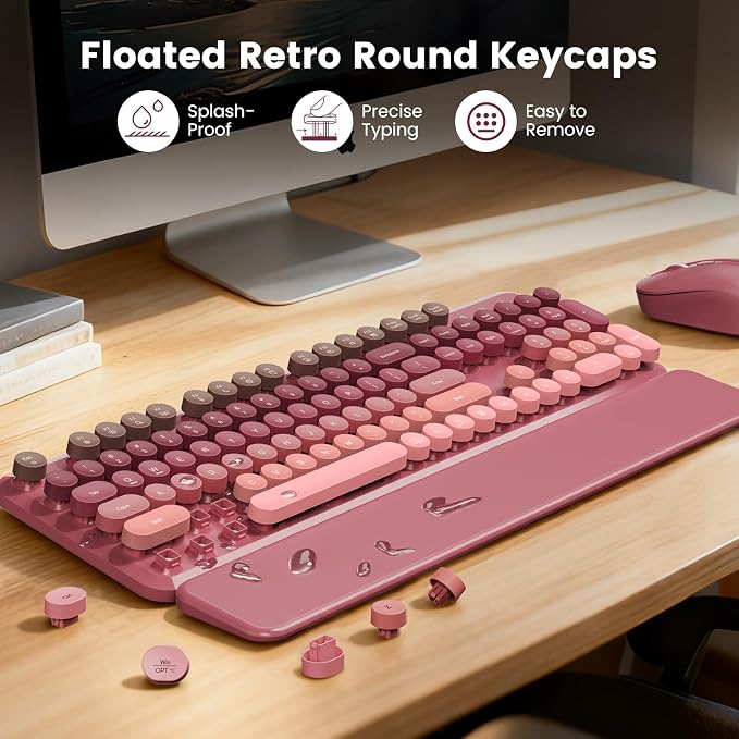 Wireless Keyboard and Mouse Combo, Round Keycaps, Full-Size Retro Typewriter Keyboard with Magnetic Wrist Rest, Tilt Legs, 2.4GHz Cordless for Mac, Windows PC, Laptop, SABLUTE CK23, Dusty Rose Ombre - Image 3